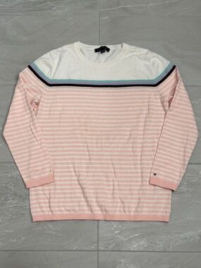 Tommy Hilfiger Pink White Striped Crewneck Sweater | Preppy Coastal Classic Knit